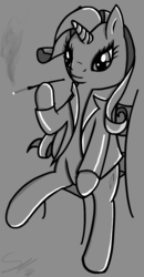 Size: 709x1367 | Tagged: safe, artist:sylviridis, rarity, g4, chair, cigarette, cigarette holder, clothes, female, grayscale, monochrome, simple background, sitting, smoking, solo