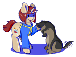Size: 1629x1221 | Tagged: safe, artist:lucky-jacky, oc, oc only, oc:silk touch, dog, pony, unicorn, clothes, companions, cute, dogmeat, fallout, fallout 4, jumpsuit, vault suit