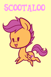 Size: 1276x1920 | Tagged: safe, artist:pinipy, scootaloo, pegasus, pony, g4, female, filly, open mouth, simple background, solo, text, yellow background