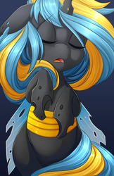 Size: 3300x5100 | Tagged: safe, artist:starshinebeast, oc, oc only, oc:echo, changeling, cute, cuteling, equestria2101, eyes closed, female, on back, open mouth, sleeping, solo, yellow changeling