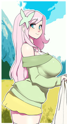 Size: 1077x2000 | Tagged: safe, artist:maniacpaint, fluttershy, human, breasts, busty fluttershy, clothes, female, humanized, looking at you, off shoulder, skirt, smiling, socks, solo, sweater, sweatershy, thigh highs, zettai ryouiki
