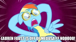 Size: 888x499 | Tagged: safe, rainbow dash, pony, g4, image macro, lauren faust, medusa (film), meme, text