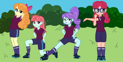 Size: 3948x1991 | Tagged: safe, artist:oneovertwo, alizarin bubblegum, crystal lullaby, melon mint, orange sherbette, equestria girls, g4, my little pony equestria girls: friendship games, background human