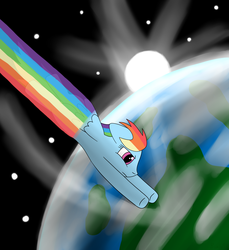 Size: 1636x1788 | Tagged: safe, artist:b-cacto, rainbow dash, g4, atmosphere, earth, female, solo, sonic rainboom, space, stars, sun