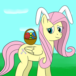 Size: 1077x1079 | Tagged: safe, artist:b-cacto, fluttershy, g4, basket, easter, easter egg, eastershy, female, grass, solo