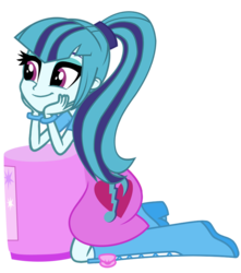 Size: 840x950 | Tagged: safe, artist:breezyblueyt, artist:missbeigepony, edit, sonata dusk, equestria girls, g4, pinkie on the one, accessory swap, alternate clothes, boots, bucket, clothes, clothes swap, cute, female, kneeling, leaning, pinkie pie's boots, pinkie pie's clothes, simple background, smiling, solo, sonata dusk in pinkie pie's clothes, sonata edit, sonatabetes, transparent background, vector