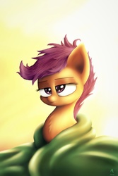 Size: 3444x5167 | Tagged: safe, artist:rameslack, scootaloo, pegasus, pony, g4, bed mane, blanket, chest fluff, cute, cutealoo, female, filly, foal, lidded eyes, messy mane, morning ponies, signature, solo, tired