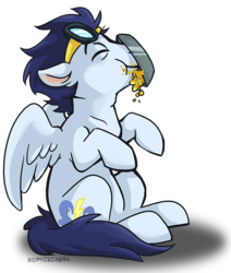 Size: 712x840 | Tagged: safe, artist:spainfischer, soarin', pegasus, pony, g4, backwards cutie mark, cute, eyes closed, food, goggles, male, messy eating, pie, simple background, sitting, soarinbetes, solo, stallion, that pony sure does love pies, transparent background