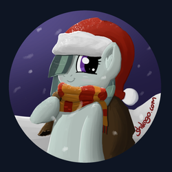 Size: 1000x1000 | Tagged: safe, artist:shikogo, marble pie, g4, bag, clothes, cute, female, hat, hearth's warming eve, santa hat, scarf, snow, snowfall, solo