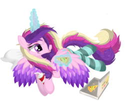 Size: 5561x4497 | Tagged: safe, artist:law44444, princess cadance, g4, absurd resolution, bed hair, clothes, cute, cutedance, drink, female, fluffy mane, levitation, magic, messy mane, open mouth, pizza, prone, simple background, smiling, socks, solo, striped socks, telekinesis, transparent background