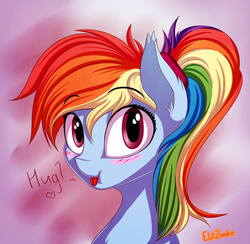 Size: 904x884 | Tagged: safe, artist:elzzombie, rainbow dash, pony, g4, abstract background, blushing, cute, dashabetes, female, hug request, looking at you, mare, open mouth, ponytail, solo, tongue out
