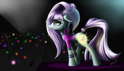 Size: 1944x1111 | Tagged: safe, artist:zigword, coloratura, pony, g4, the mane attraction, clothes, countess coloratura, eyeshadow, female, glowing cutie mark, glowing horn, horn, makeup, solo focus, spotlight