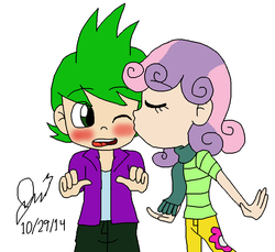 Size: 909x833 | Tagged: safe, spike, sweetie belle, human, g4, argument in the comments, female, humanized, kissing, male, ship:spikebelle, shipping, straight
