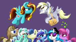 Size: 1920x1080 | Tagged: safe, artist:talonsofwater, berry punch, berryshine, bon bon, derpy hooves, dj pon-3, doctor whooves, lyra heartstrings, minuette, sweetie drops, time turner, vinyl scratch, oc, oc:ilovekimpossiblealot, pony, g4, 3d glasses, hand, headphones, mail, male, stallion, toothbrush