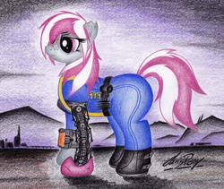 Size: 1024x865 | Tagged: safe, artist:thechrispony, oc, oc only, oc:hired gun, cyborg, earth pony, pony, fallout equestria, fallout equestria: heroes, crossover, fallout 4, female, grumpy, mare, solo, torn ear, traditional art