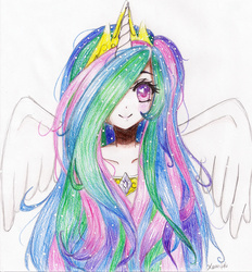 Size: 1674x1803 | Tagged: safe, artist:bluepanda125, princess celestia, human, g4, female, hair over one eye, horn, horned humanization, humanized, pony coloring, simple background, smiling, solo, spread wings, traditional art, winged humanization