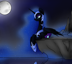 Size: 1024x910 | Tagged: safe, artist:jadekettu, nightmare moon, g4, cliff, female, moon, night, prone, reflection, solo, water