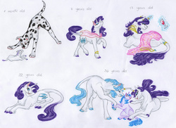 Size: 6576x4776 | Tagged: safe, artist:dawn22eagle, fancypants, rarity, oc, oc:darynn, classical unicorn, dachshund, dog, pony, unicorn, g4, absurd resolution, female, filly rarity, headcanon, horn, leonine tail, male, nudity, offspring, parent:fancypants, parent:rarity, parents:raripants, rarity fancy pants, sheath, ship:raripants, shipping, straight, traditional art