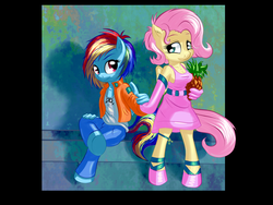 Size: 1024x768 | Tagged: safe, artist:snus-kun, fluttershy, rainbow dash, anthro, g4, breasts, cleavage, clothes, evening gloves, female, food, gloves, lesbian, pineapple, ship:flutterdash, shipping