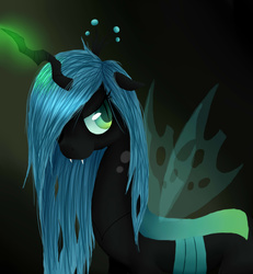 Size: 3600x3900 | Tagged: safe, artist:blondiegurl1129, queen chrysalis, changeling, changeling queen, g4, crown, fangs, female, glowing, glowing horn, high res, horn, jewelry, regalia, solo, transparent wings, wings