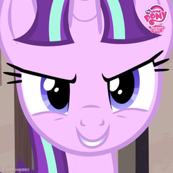 Size: 800x800 | Tagged: safe, screencap, starlight glimmer, pony, unicorn, g4, official, the cutie map, the cutie re-mark, cropped, evil, evil smile, female, grin, looking at you, mare, my little pony logo, s5 starlight, solo