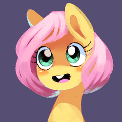 Size: 512x512 | Tagged: safe, artist:karzahnii, fluttershy, pony, g4, alternate hairstyle, blushing, bucktooth, cute, diabetes, female, filly, happy, open mouth, short hair, short mane, shyabetes, smiling, solo, younger