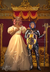 Size: 629x900 | Tagged: safe, artist:4steex, princess celestia, princess luna, human, g4, armor, au:eqcl, clothes, commission, costume, crown, dress, emblem, flag, humanized, looking at you, looking away, medieval, pink hair, pink-mane celestia, polearm, realistic, s1 luna, shield, symbol, throne room, tiara, weapon, younger