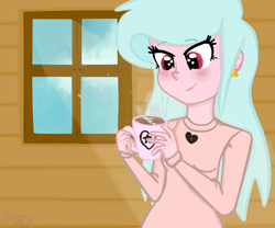 Size: 650x540 | Tagged: safe, artist:apple-jazzy, oc, oc only, oc:starty star, human, blushing, clothes, cup, cute, earring, humanized, lidded eyes, light, looking down, mug, piercing, smiling, solo, sweater, window