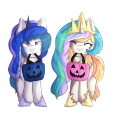 Size: 888x899 | Tagged: safe, artist:oddends, princess celestia, princess luna, oc, oc only, oc:crystal wishes, oc:silent knight, g4, bag, beauty mark, clothes, costume, crossdressing, fake horn, female, horseshoes, male, miserable, mouth hold, nightmare night, oc x oc, offspring, offspring shipping, parent:jet set, parent:upper crust, parents:upperset, pumpkin bucket, shipping, silentwishes, silly, simple background, smiling, straight, transparent background, wig