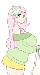Size: 1077x2000 | Tagged: safe, artist:maniacpaint, fluttershy, human, g4, breasts, busty fluttershy, clothes, female, humanized, looking at you, off shoulder, off shoulder sweater, skirt, smiling, socks, solo, sweater, sweatershy, thigh highs, zettai ryouiki