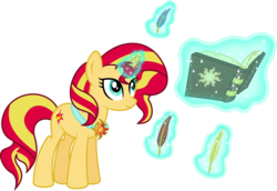 Size: 5801x4000 | Tagged: safe, artist:8-notes, sunset shimmer, pony, unicorn, equestria girls, g4, absurd resolution, amulet, book, feather, female, horn, journal, levitation, magic, necklace, ponyscape, simple background, solo, telekinesis, transparent background, vector, writing