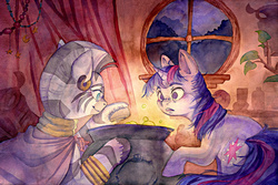 Size: 2250x1500 | Tagged: safe, artist:teahee, twilight sparkle, zecora, zebra, g4, cauldron, cloak, clothes, duo, female, glowing, interior, magic, potion, traditional art, watercolor painting, zecora's hut