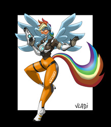Size: 2680x3067 | Tagged: safe, artist:vladiverse, rainbow dash, anthro, unguligrade anthro, g4, alternate hairstyle, clothes, crossover, female, game, goggles, gun, high res, jumpsuit, looking at you, mare, overwatch, rainbow tracer, solo, spread wings, tracer, weapon