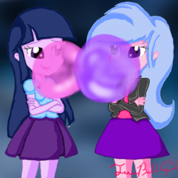 Size: 894x894 | Tagged: safe, artist:twibubblegum, twilight sparkle, oc, oc:sugerless bubblegum, equestria girls, g4, bubble kiss, bubblegum, clothes, food, gum, shipping, skirt