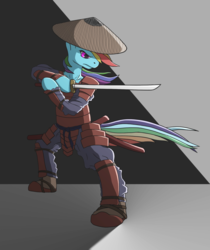 Size: 1024x1220 | Tagged: safe, artist:ruxstone, rainbow dash, pegasus, pony, semi-anthro, g4, armor, asian conical hat, battle stance, female, hat, katana, samurai, simple background, solo, sword, weapon, windswept mane