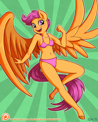 Size: 914x1137 | Tagged: safe, artist:sorcerushorserus, edit, scootaloo, anthro, unguligrade anthro, g4, belly button, bra, clothes, female, older, open mouth, panties, patreon, patreon logo, pink underwear, ribbon, smiling, solo, sunburst background, underwear, underwear edit