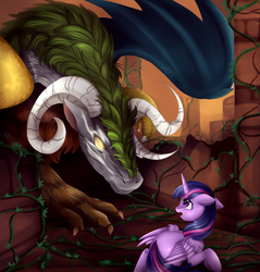 Size: 2975x3111 | Tagged: safe, artist:pridark, twilight sparkle, oc, alicorn, draconequus, pony, g4, commission, fanfic art, female, high res, mare, ruins, scared, twilight sparkle (alicorn), vine