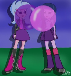 Size: 865x923 | Tagged: safe, artist:twibubblegum, twilight sparkle, oc, oc:sugerless bubblegum, equestria girls, g4, bubble kiss, bubblegum, canon x oc, clothes, food, gum, shipping, skirt