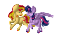 Size: 2376x1440 | Tagged: safe, artist:crazyaniknowit, sunset shimmer, twilight sparkle, alicorn, pony, unicorn, g4, eyes closed, female, fluffy, galloping, mare, simple background, twilight sparkle (alicorn)