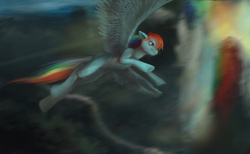 Size: 3600x2224 | Tagged: dead source, safe, artist:tiger-type, rainbow dash, pegasus, pony, g4, female, flying, high res, motion blur, solo, spread wings