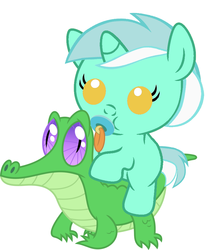 Size: 836x967 | Tagged: safe, artist:red4567, gummy, lyra heartstrings, pony, g4, baby, baby pony, cute, lyrabetes, pacifier, ponies riding gators, recolor, riding, weapons-grade cute