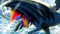 Size: 1024x576 | Tagged: safe, artist:nostalgia-san, rainbow dash, g4, cloud, crepuscular rays, female, signature, solo