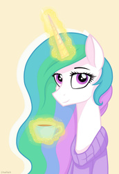 Size: 1900x2757 | Tagged: safe, artist:katyakhait, princess celestia, alicorn, pony, g4, clothes, female, food, glowing horn, horn, looking at you, magic, mare, simple background, smiling, solo, sweater, tea, teacup, telekinesis
