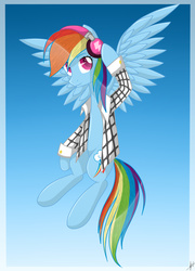 Size: 2192x3040 | Tagged: safe, artist:katyakhait, rainbow dash, g4, clothes, female, flying, headphones, high res, shirt, solo