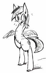 Size: 652x1024 | Tagged: dead source, safe, artist:91o42, rainbow dash, pegasus, pony, g4, bipedal, black and white, blushing, female, grayscale, mare, monochrome, open mouth, simple background, sketch, solo, traditional art, white background