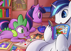 Size: 1600x1160 | Tagged: safe, artist:mricantdraw, shining armor, spike, twilight sparkle, oc, oc:sentoki, g4, book, comic book, cup, drinking, group, prone, reading, siblings, straw