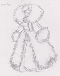 Size: 1617x2047 | Tagged: safe, artist:dp360, oc, oc only, oc:fluffle puff, anthro, bundled up, bundled up for winter, monochrome, solo, tongue out, traditional art, winter outfit