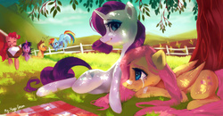 Size: 2700x1400 | Tagged: safe, artist:my-magic-dream, applejack, fluttershy, pinkie pie, rainbow dash, rarity, twilight sparkle, g4, bandaid, comforting, crying, group, injured, mane six, picnic, picnic basket, picnic blanket, scenery, scenery porn, sextet, shade