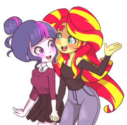 Size: 1024x1009 | Tagged: safe, artist:chibicmps, sci-twi, sunset shimmer, twilight sparkle, equestria girls, g4, my little pony equestria girls: friendship games, blushing, clothes, cute, female, holding hands, jeans, lesbian, off shoulder, pants, ship:sci-twishimmer, ship:sunsetsparkle, shipping