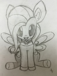 Size: 2448x3262 | Tagged: safe, artist:thewanderingtyto, fluttershy, g4, clothes, female, grayscale, high res, looking at you, monochrome, pencil drawing, sitting, solo, spread wings, traditional art